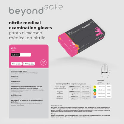 Beyond Safe 2.5 Mil Nitrile Medical Examination Gloves-Pink